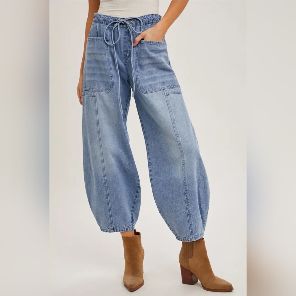 Denim Mid-Waist Drawstrings Barrel Jeans - Picture 3 of 6